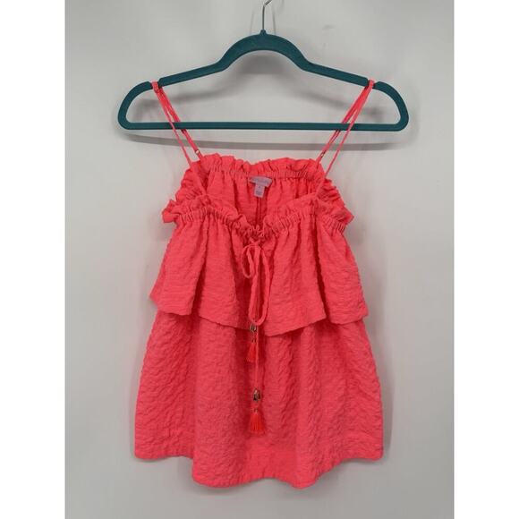 Lily Pulitzer Mays Tank Top Sz S Ruffled Coral Neon Beach Resort Summer Coastal - Picture 1 of 7